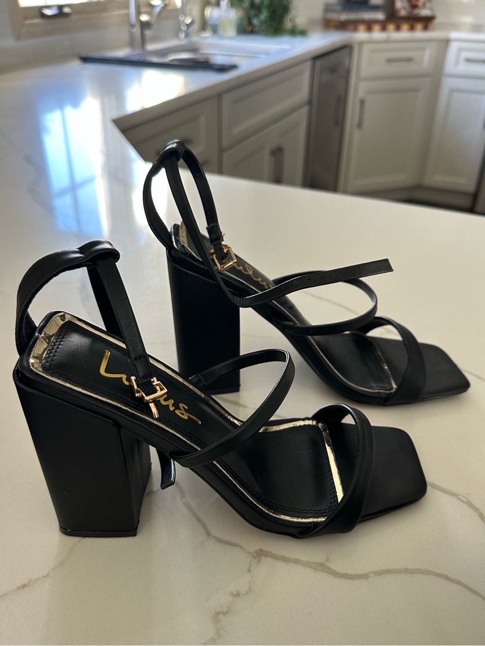 Lulu's Black Strappy Block Heel Sandals with Gold Accent
